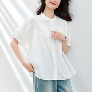 初影 圆领白衬衫短袖2025夏季新款宽松显瘦上衣韩版休闲女式衬衣