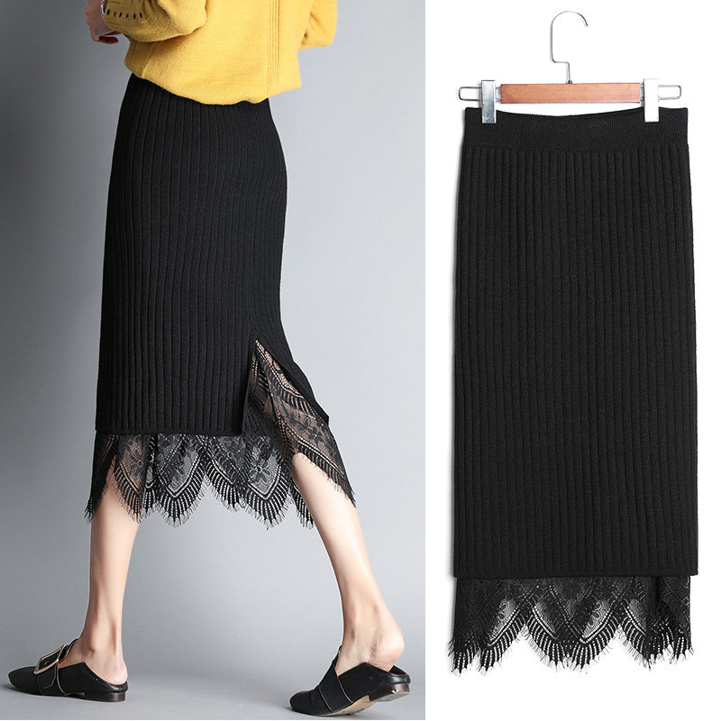 针织半身裙女中长款蕾丝毛衣打底裙高腰两面穿修身包臀开叉一步裙在类目 女装/女士精品, 半身裙中 - 来自Buy2taobao.com提供专业的淘宝代购服务