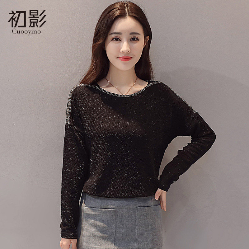 初影2020春装新款黑色长袖体恤宽松显瘦bling亮片上衣时尚T恤衫