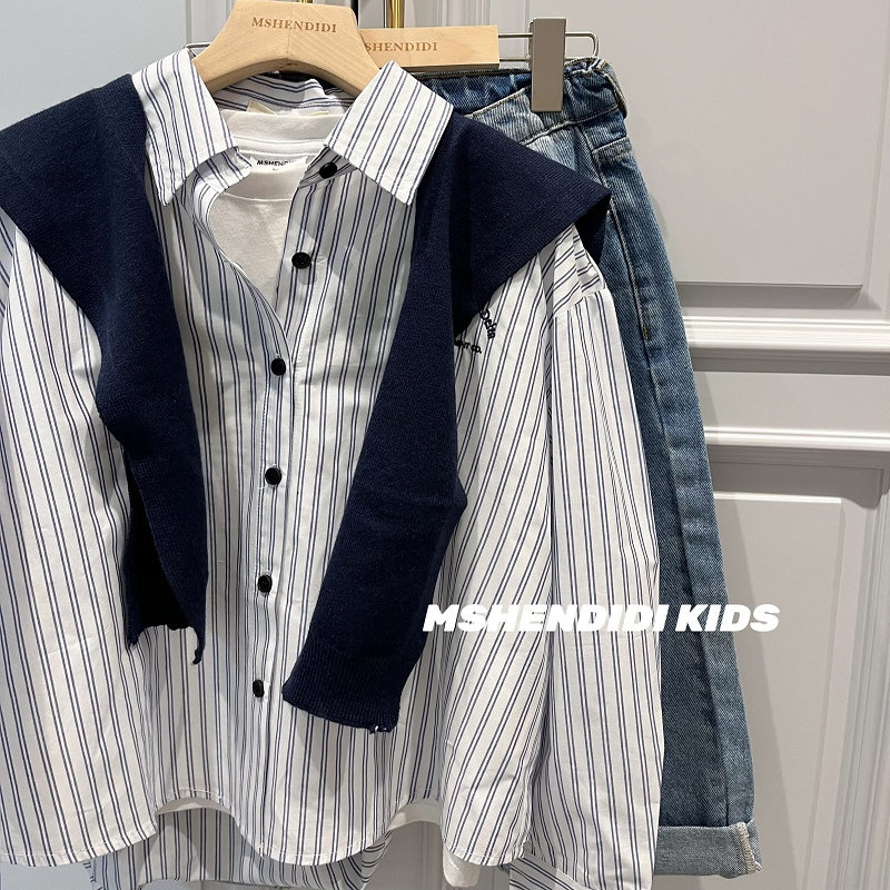 衬衫 （带披肩）潮牌男女童2025韩国童装春季新款披肩+衬衫两件套