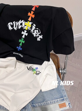 NL KIDS美式潮牌夏装 男女童十字架多彩印花半袖儿童短袖T恤亲子