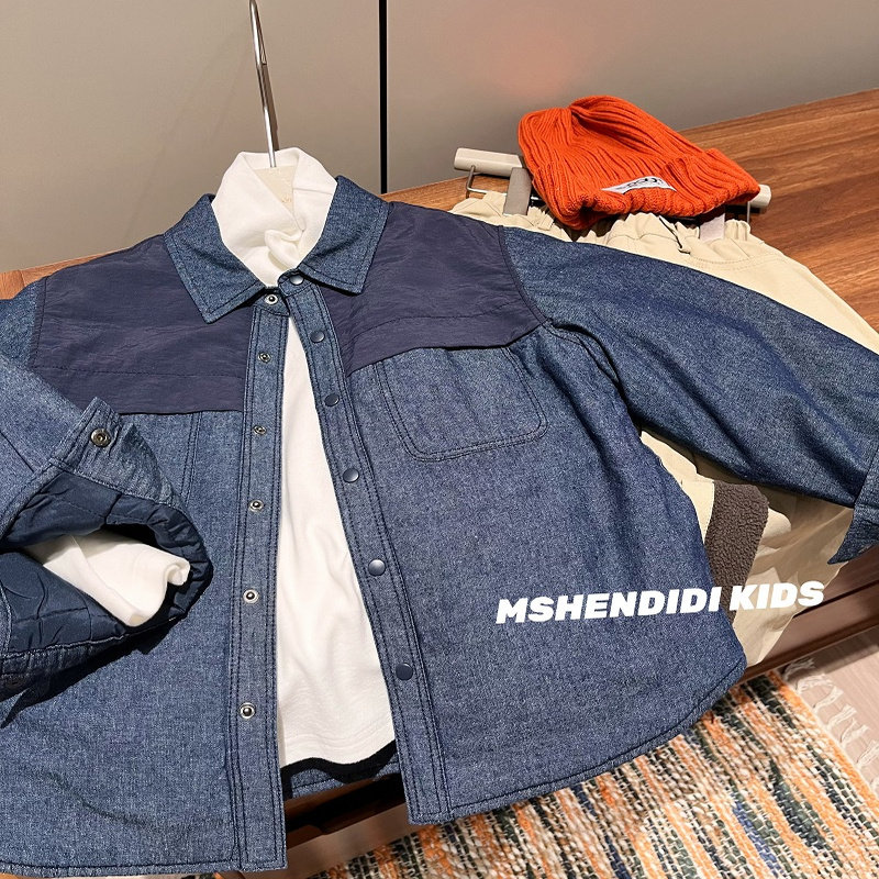夹棉加厚秋冬牛仔外套拼接面料男女童装儿童外套单排扣童装洋气