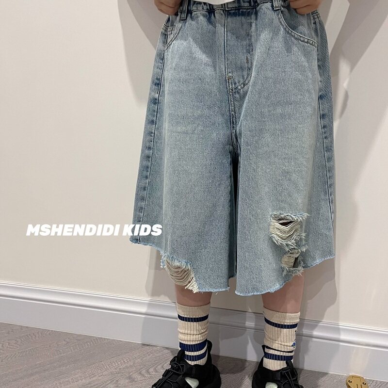 韩国童装男女童短裤2025夏季儿童 破洞牛仔中裤中大童五分裤子潮