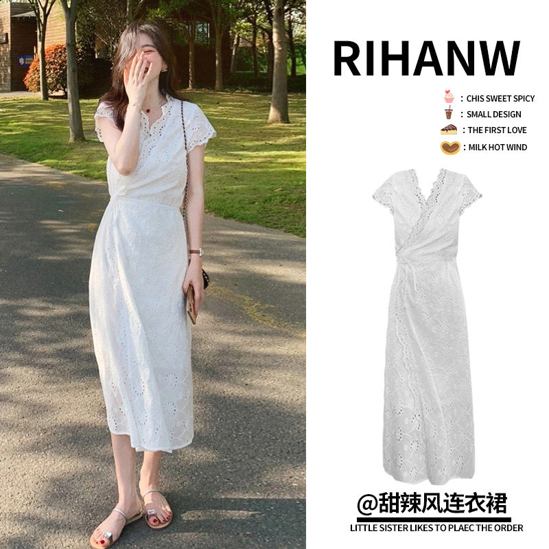 高货桔梗法式别致惊艳白色蕾丝连衣裙夏季气质名媛质感高级感长裙