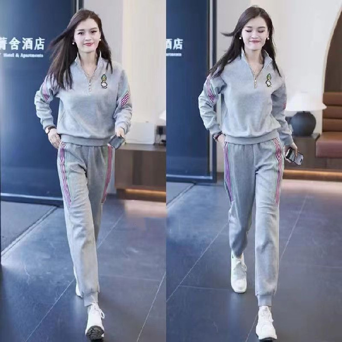 2024 새로운 가을 느슨한 캐주얼 스탠드 칼라 운동복 여성을위한 정장 작은 사람들을위한 세련되고 세련된 2 피스 세트