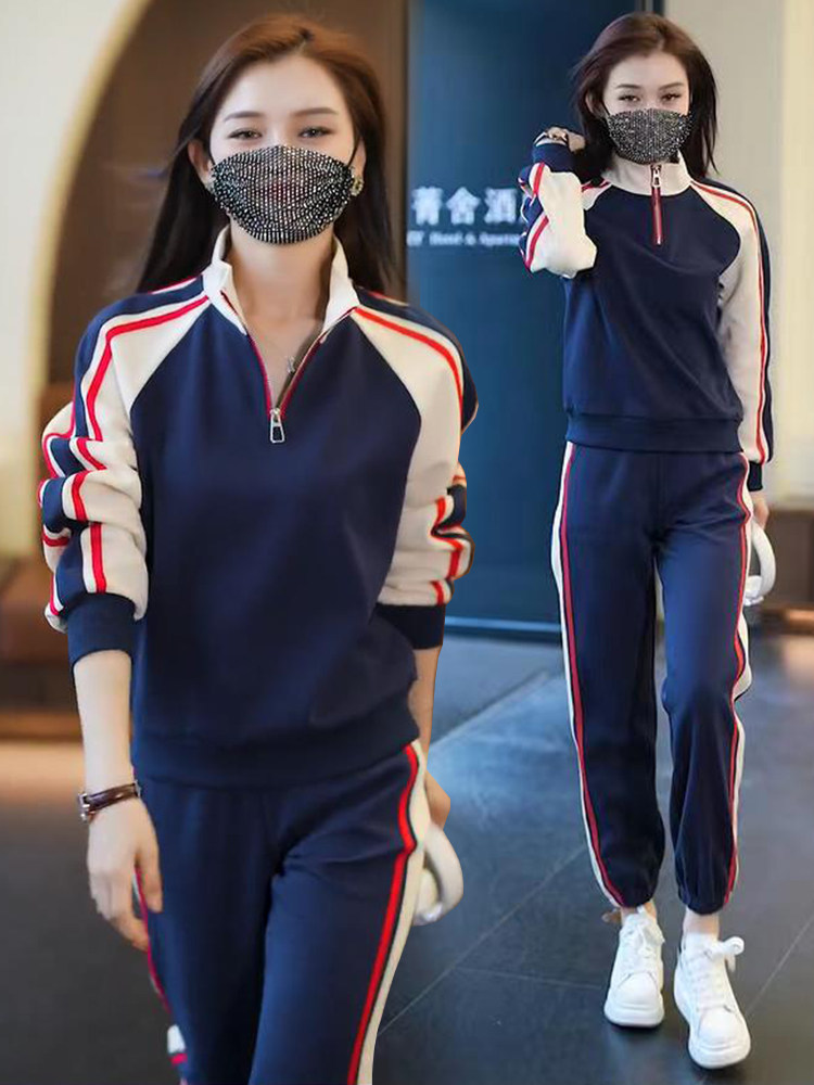 2024 봄과 가을 새로운 패션 여성 캐주얼 스포츠 정장 서양식 연령 감소 스탠드 업 칼라 스웨터와 바지 투피스 세트