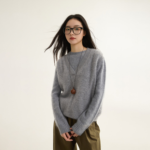 芙蕖FUXU 羊绒羊毛拉毛圆领毛衣/背心 宽松慵懒松弛感软糯针织衫