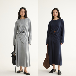 芙蕖FUXU 软糯精梳棉捏褶不对称长袖T恤两件套高腰半身伞裙套装