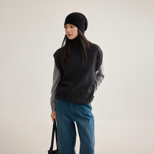 芙蕖FUXU 高领纽扣设计感背心叠穿可翻领针织马甲毛衣 100绵羊毛