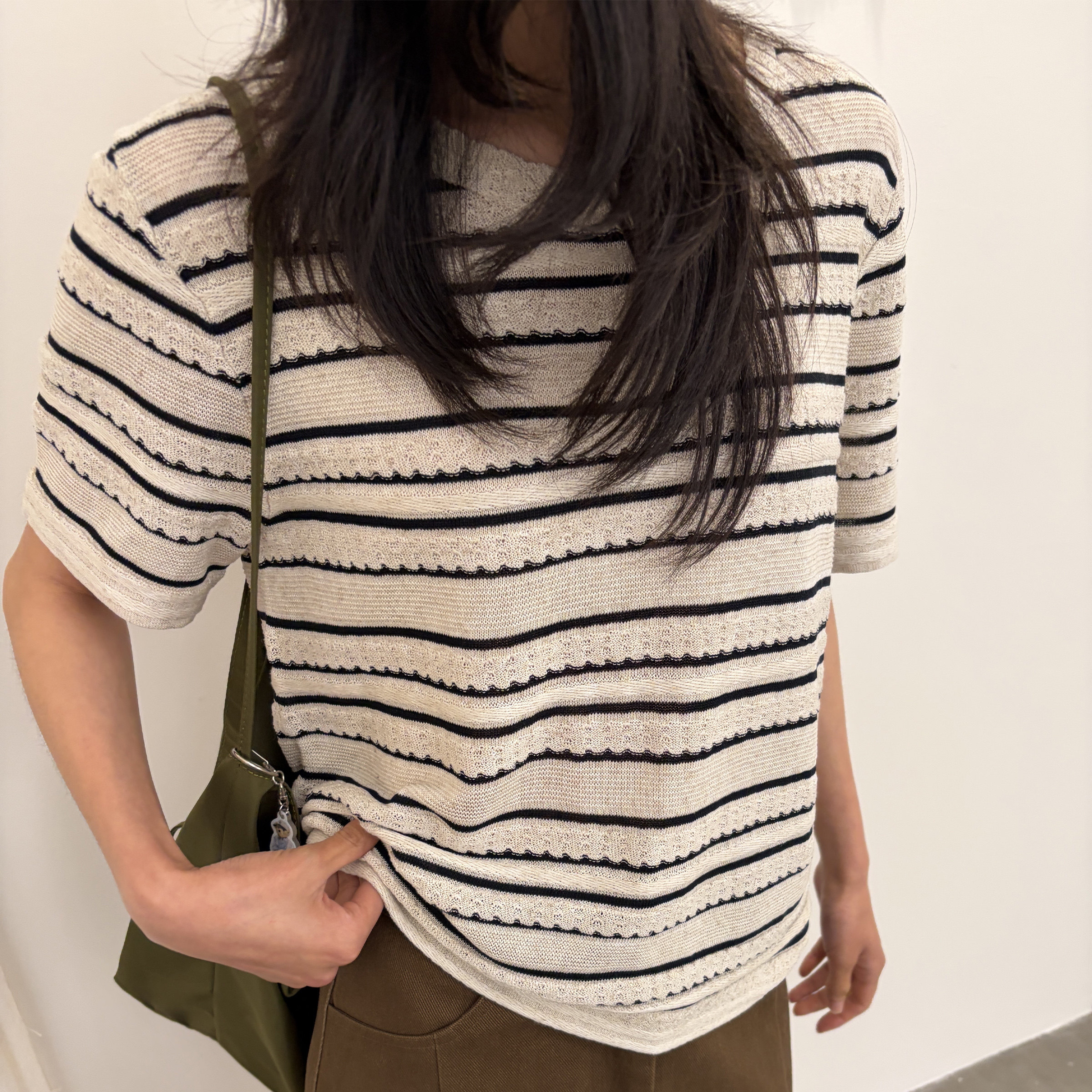 芙蕖FUXU 亚麻棉条纹针织衫女夏 老钱风上衣松弛通勤圆领短袖T恤