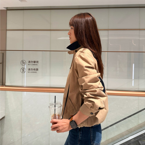 100%匹马棉 老钱风短夹克经典翻领上衣复古休闲宽松拉链外套女秋