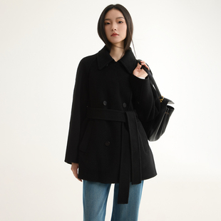 芙蕖FUXU 10羊绒90绵羊毛翻领双排扣系带短款毛呢外套双面呢大衣