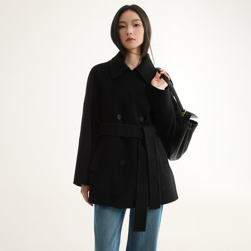 10羊绒翻领双排扣大衣女