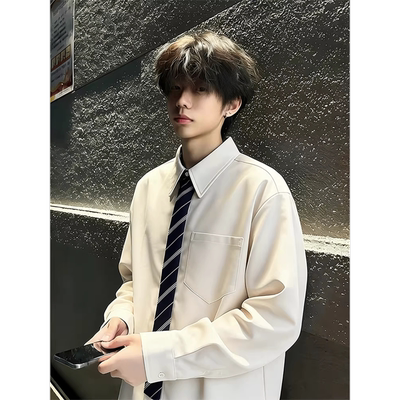 高级感痞帅青年拼接假领带dk风长袖衬衫美式潮牌宽松百搭衬衣外套