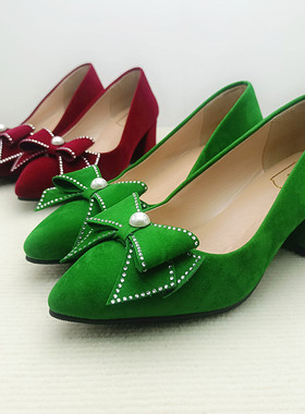 2024新式绿色粗跟5cm蝴蝶结红色新娘鞋舒适百搭敬酒婚宴伴娘女鞋