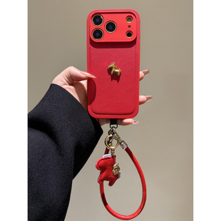 红色金马皮纹适用iPhone17promax手机壳新款16plus荔枝纹15保护套苹果14女款13promax挂绳12/11硅胶xsmax软壳