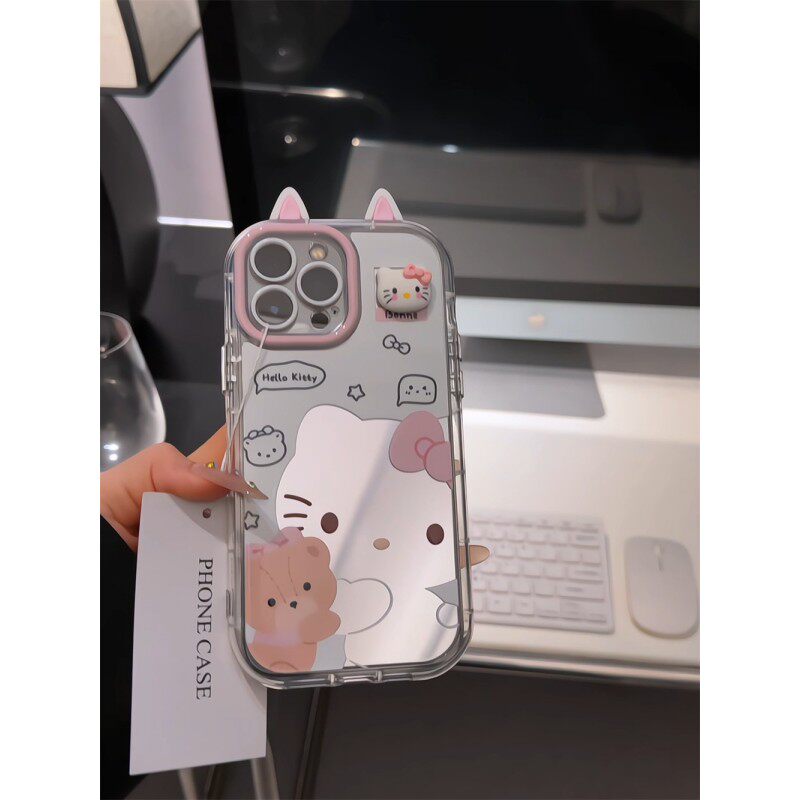 可爱奶油镜面镂空KT猫适用iPhone16ProMax手机壳15promax保护套17pro新款华为荣耀14卡通ins风春夏小米女款