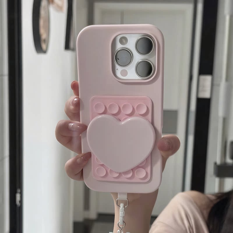 ins韩系同款爱心镜子吸盘适用iPhone16Promax手机壳女款15/14pro防摔液态硅胶苹果17pro个性少女心13pro软壳