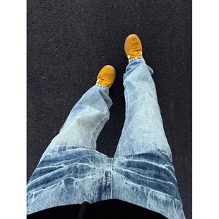 cleanfit浅蓝色闪电纹牛仔裤男款美式高街vibe裤子水洗微喇弯刀裤