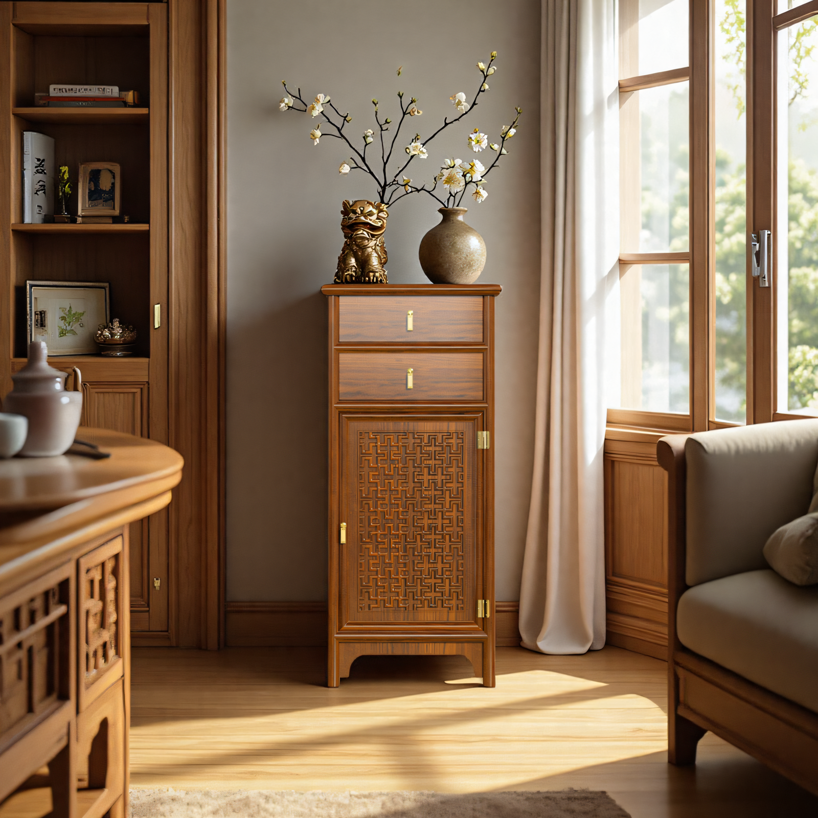 虎牌新中式实木展示柜隐形保险柜家用小型100斤以上指纹2025新款115cm高防盗客厅卧室储物高端隐藏式保险箱