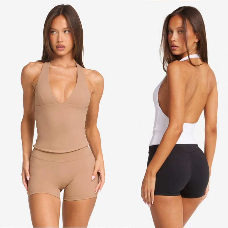 *csb V领含胸垫运动背心健身文胸吊带美背瑜伽套装蜜桃短裤 y 标