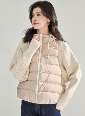 冬季高品质针织袖拼接90白鸭绒假两件连帽短款羽绒服外套15990