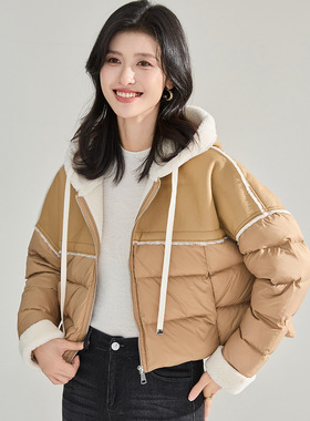 冬新款韩版宽松皮毛一体拼接羽绒服短款白鸭绒上衣外套女22462