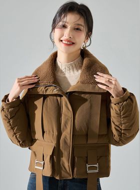 新款羽绒服冬季短款休闲加厚毛绒拼接立领白鸭绒外套15508