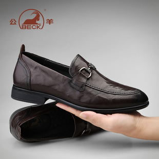 公羊休闲皮鞋男款2025新款真皮懒人一脚蹬高端英伦风棕色百搭鞋子