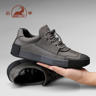 公羊男鞋2025年新款男士真皮透气运动休闲鞋头层牛皮百搭厚底板鞋