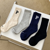 英文加厚毛圈高罗口螺纹字母潮流欧美秋冬中长筒纯棉男女袜子日系