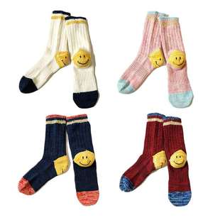 重磅 平田和宏男女白色中高筒运动潮流袜子 笑脸日系粗针混纺工装