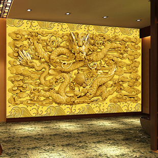 仿浮雕木龙祥云墙纸酒店会所寺庙供台佛堂背景墙画布龙纹云纹壁纸