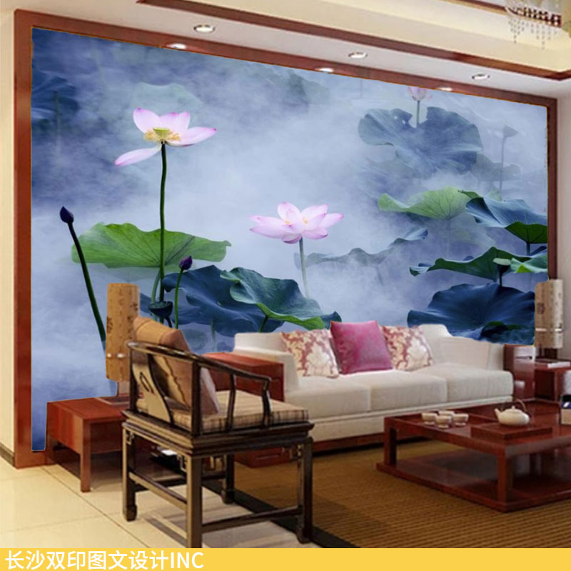 仙气莲花池墙纸佛堂背景荷叶壁纸