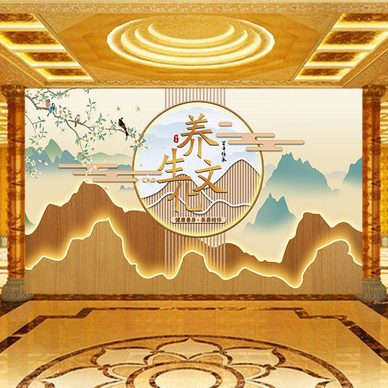新中式养生馆前台形象背景墙纸文化传承山水花鸟艺术抽象装饰壁画