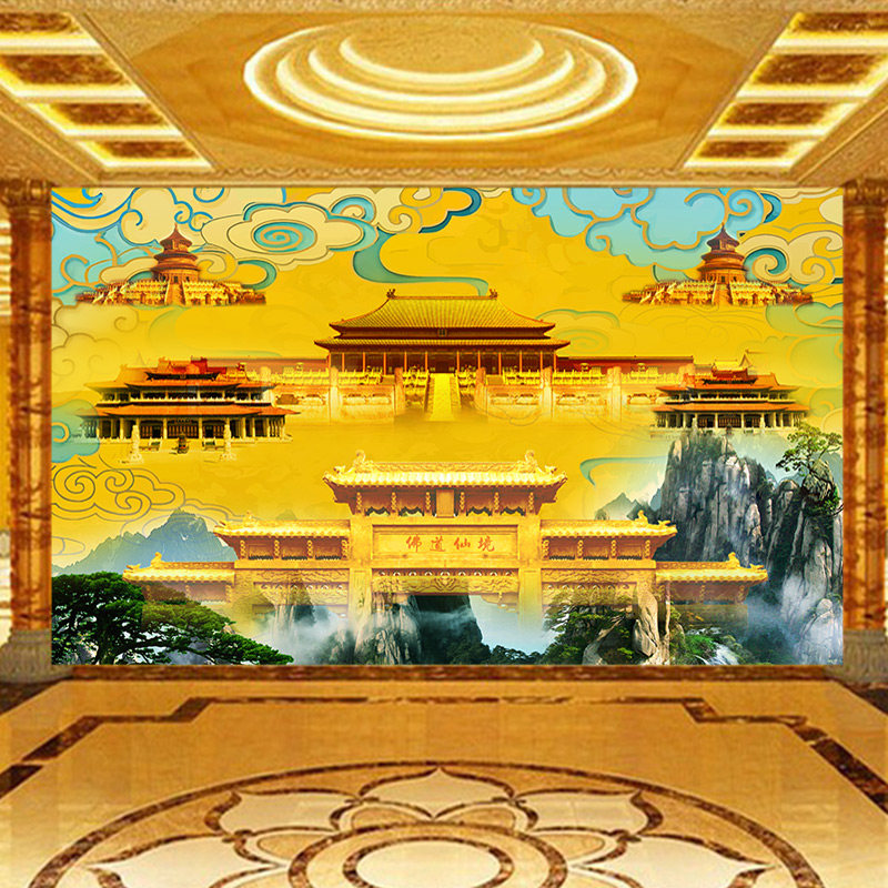 佛道仙境墙纸古建寺庙宫殿牌坊大门祥云高山不老松树佛堂装饰壁画,家装主材,定制壁画,淘宝优惠券,粉丝福利购,淘宝优惠卷