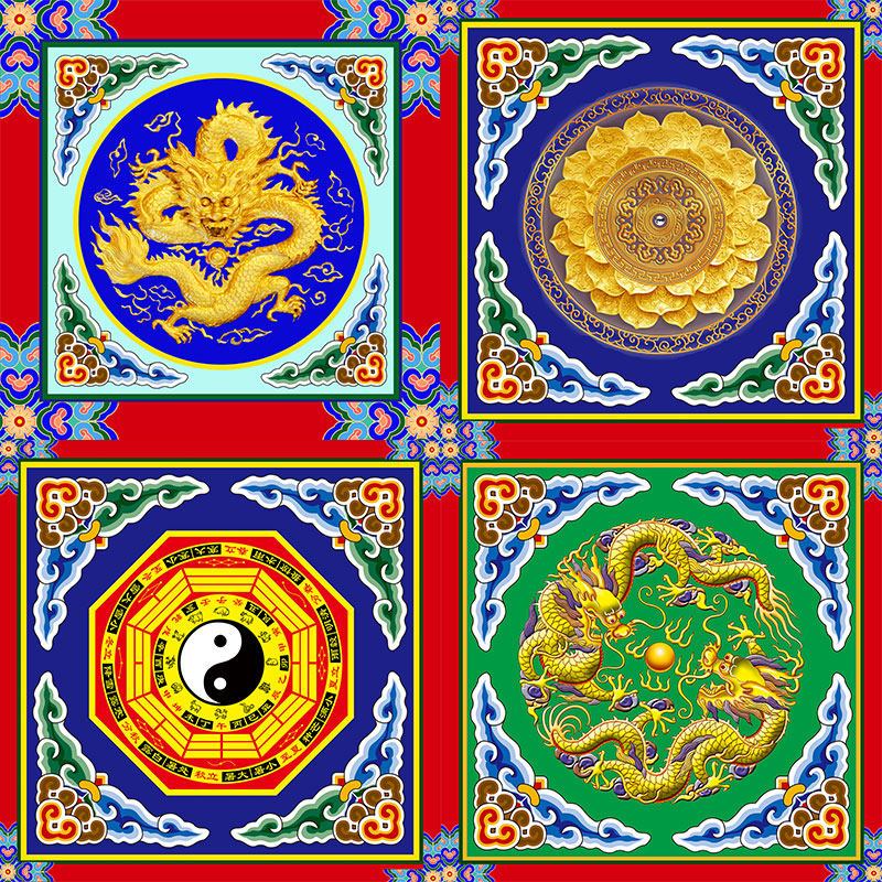 复古建筑吊顶墙纸佛道寺庙祠堂龙凤纹太极八卦莲花彩绘天花板壁画,家装主材,定制壁画,淘宝优惠券,粉丝福利购,淘宝优惠卷