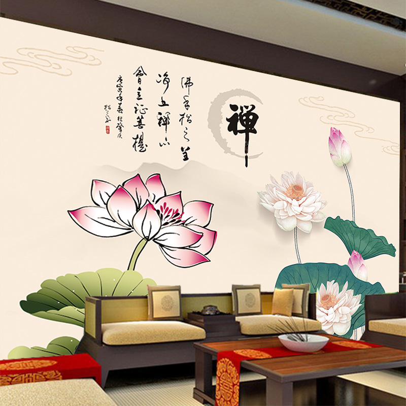 禅字莲花墙纸佛堂壁画