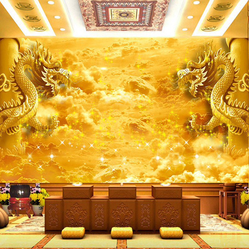 金龙云海墙纸寺庙佛堂供桌背景墙装饰画天宫双龙缠绕柱子神台壁纸