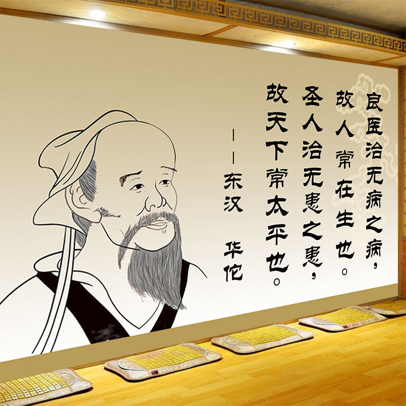 华佗头像墙纸中医馆药店传统历史文化宣传养生理疗背景墙装饰壁画