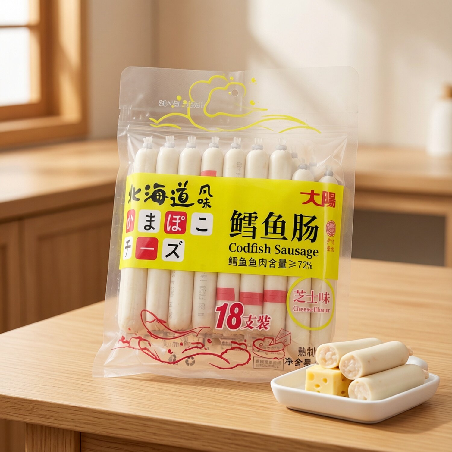 大阳鳕鱼肠原味18支装北海道风味原味芝士味即食休闲零食270g