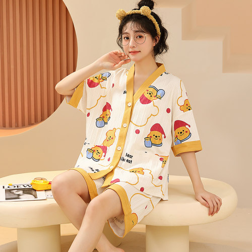 睡衣女夏季纯棉短袖和服大码套装