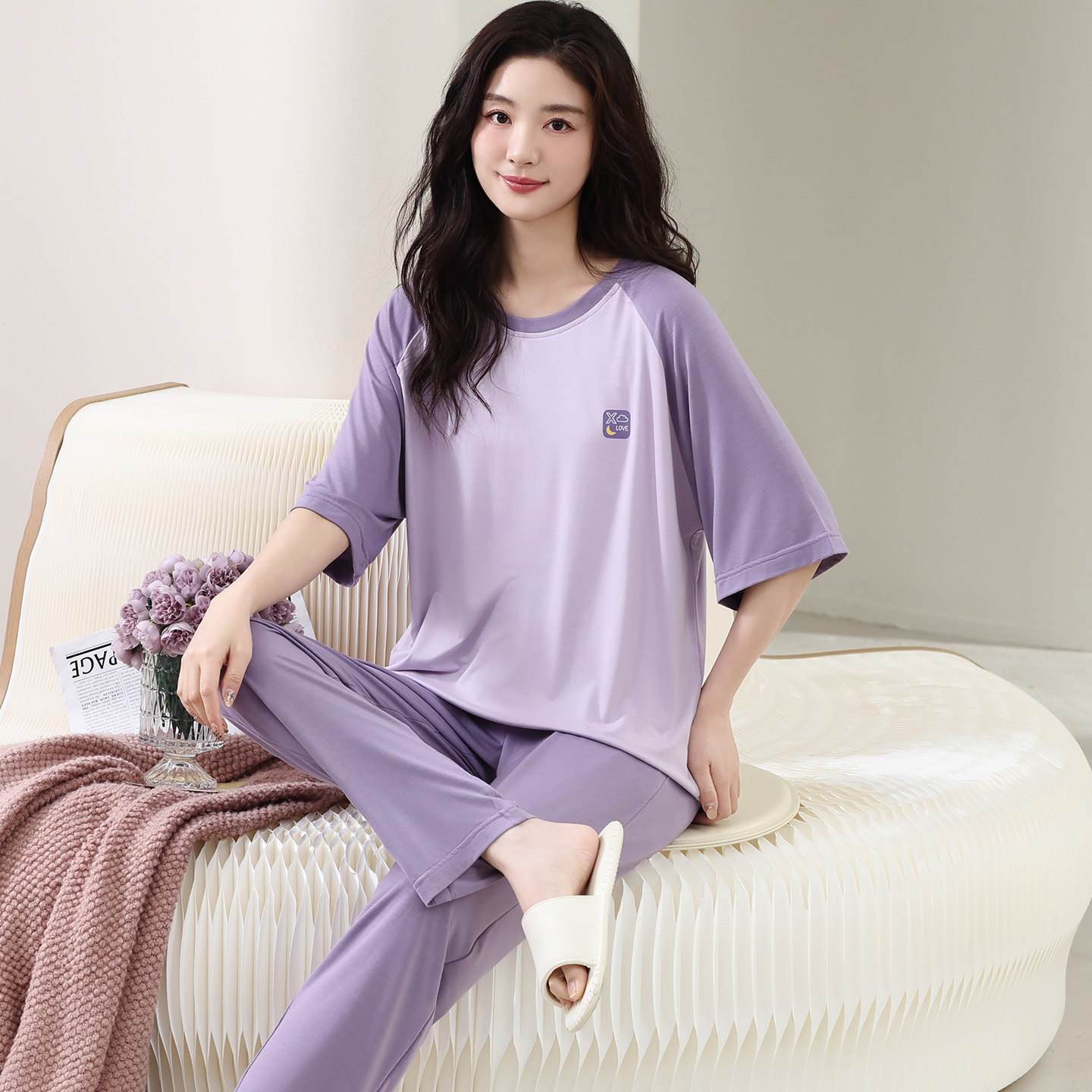 莫代尔睡衣女夏季短袖长裤大码加肥200斤休闲家居服外穿薄款套装