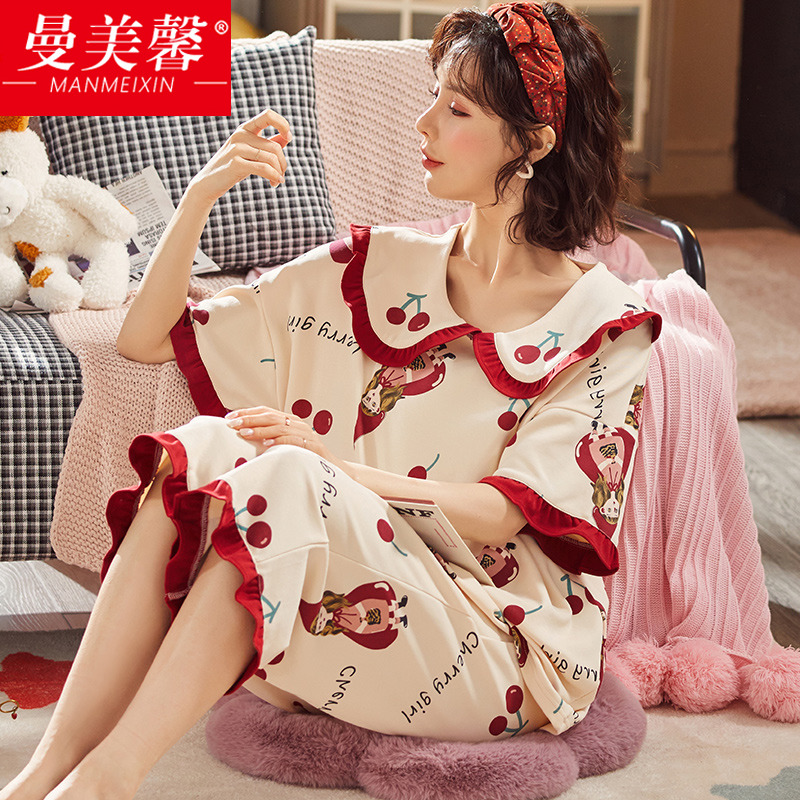 特加肥加大码睡衣女士夏季纯棉短袖七分裤薄款韩版宽松套装家居服