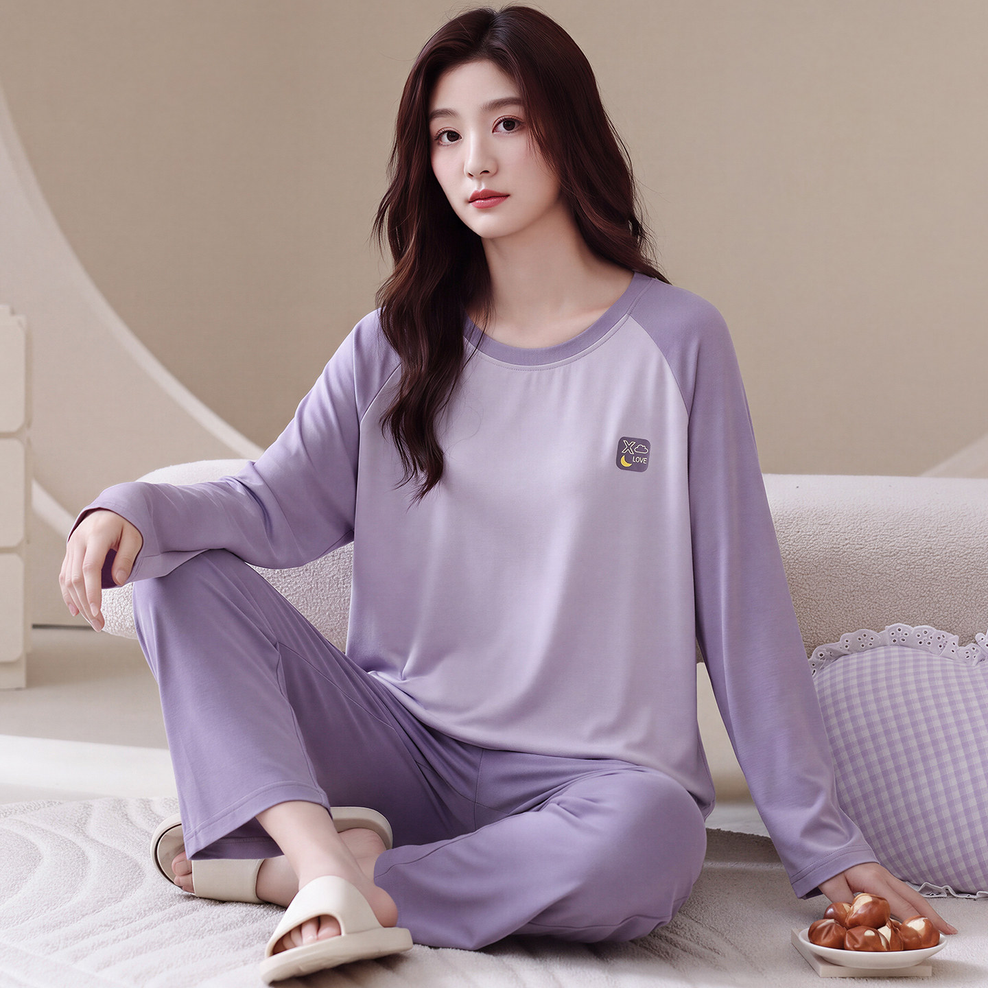 睡衣女春秋莫代尔长袖长裤加肥大码200斤百搭简约圆领家居服套装