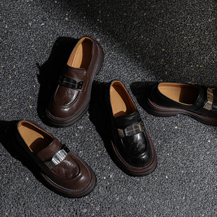 断码清仓~手工真皮乐福鞋厚底粗跟小个子增高舒适百搭皮鞋深口鞋