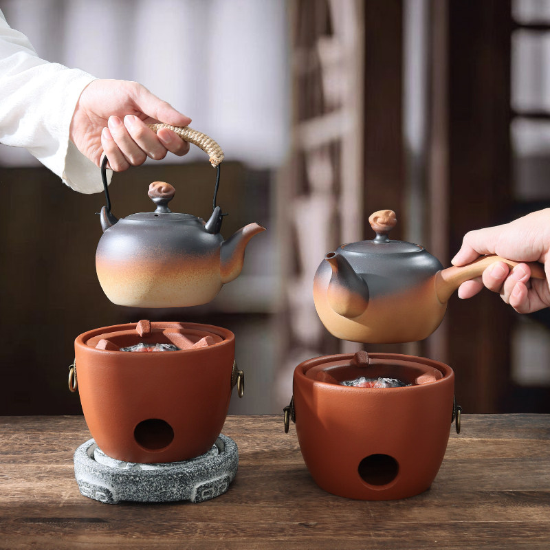 潮州陶瓷烧水壶明火炭炉煮茶壶泡茶户外侧把壶红泥围炉煮茶炉套装