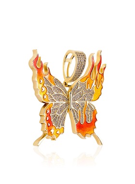 欧美嘻哈珠宝 镶钻结合珐琅渐变火焰蝴蝶情侣吊坠