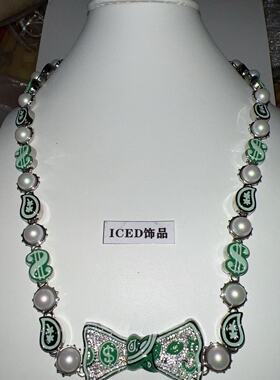 ICED饰品kenrobb同款腰果花镶嵌5a锆石珐琅滴油工艺领结珍珠项链