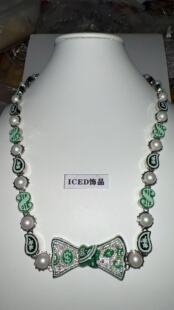 ICED饰品kenrobb同款 腰果花镶嵌5a锆石珐琅滴油工艺领结珍珠项链